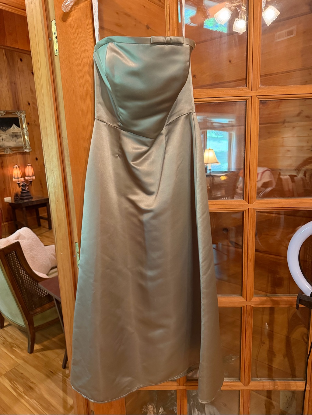 Bill Levkoff Strapless Satin A-Line Dress In Moss Green